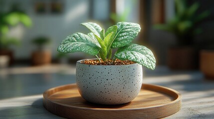 Green plant in spotted pot on wooden tray sits in the sunlight. Use for wellness blogs, home decor, and promoting plant care products.
