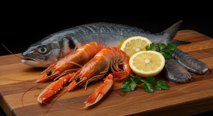 Fresh Fish with Orange Langoustines and Yellow Lemons on Wooden Board