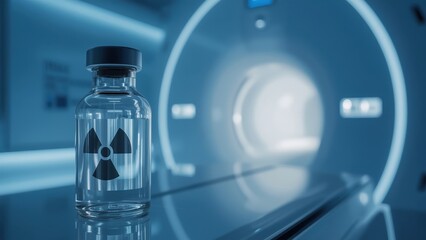 Medical vial with radioactive symbol in a modern diagnostic imaging room