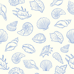 Seamless pattern with hand-drawn seashells. Monochrome ink. Ideal for packaging, wrapping paper, fabric, stationery, and textile design. Vector illustration