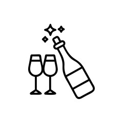Handdrawn Champagne Bottle Pouring into Two Glasses Sparkling Celebration Icon wine
