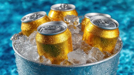 Six cans of golden beer are nestled in a bucket of ice, beads of condensation glistening, creating a refreshing atmosphere near a vibrant blue pool on a sunny day.