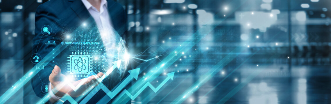 Businessman holding quantum computing icon and next-generation global network, quantum algorithms, high-performance processing, entanglement optimization, quantum encryption, scalable architectures