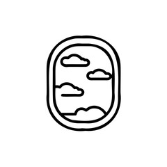 Handdrawn Airplane Window View Cloudscape Simple Line Art Oval Frame Sketch Travel Icon