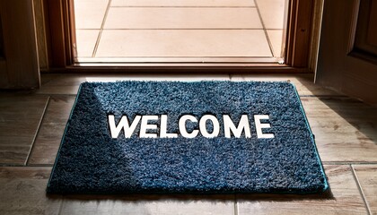 a close up of a doormat with the word welcome written on it placed in front of an open door