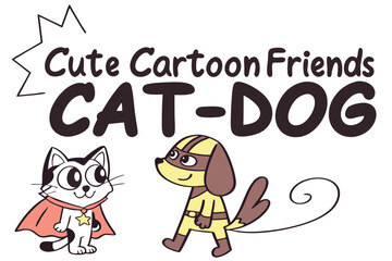 Fototapeta premium Cute cartoon cat and dog friends in bold stencil font design