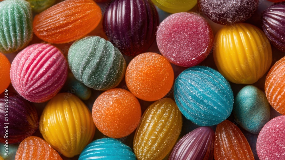 Poster a delightful array of candies in vivid colors showcases different shapes and textures.