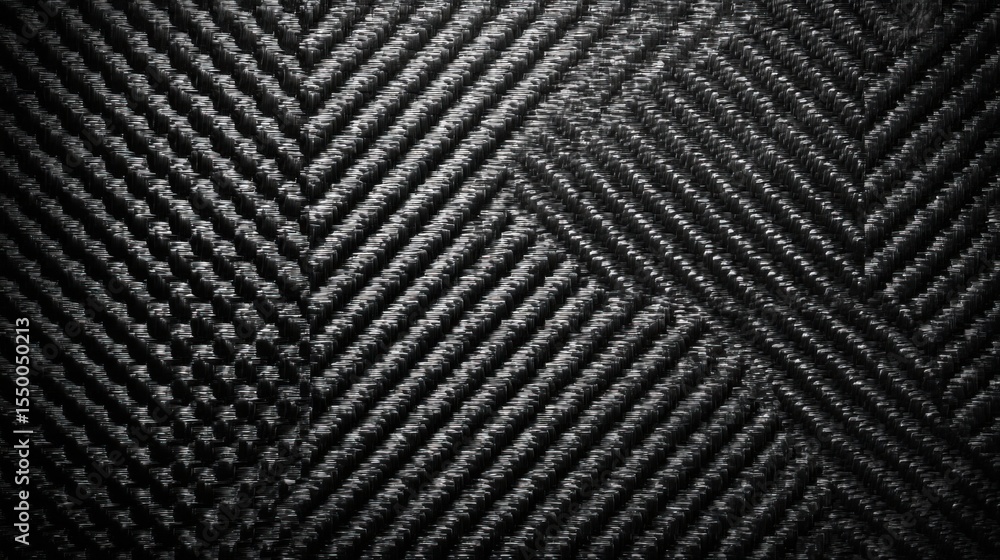 Poster close-up of a black woven fabric displays intricate textures and patterns. light highlights the weav