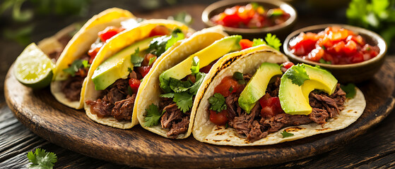 Fresh Tacos with Avocado and Salsa on a Wooden Plate