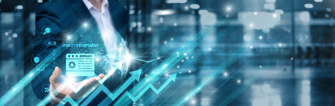 Businessman holding web development icon and interactive digital global network, responsive architecture, cross-platform integration, front-end optimization, back-end scalability