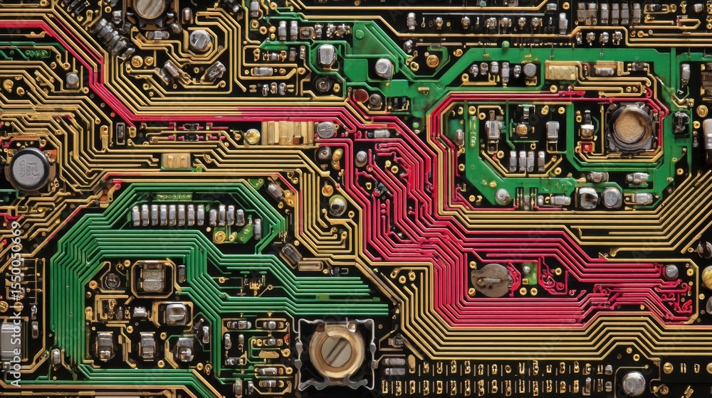 Poster detailed view of an electronic circuit board featuring colorful pathways and various components. the