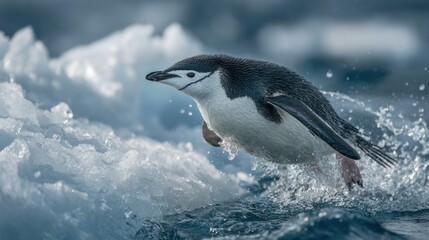 Obraz premium A penguin soars above the icy water surface, water splashing around as it dives into the sea. The bright sun illuminates the cold Antarctic landscape in the background.