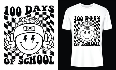 Celebrate 100 Days of School with this fun retro t-shirt design featuring a groovy smiley face and checkered pattern.