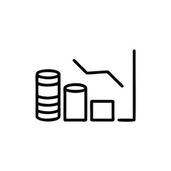 Handdrawn Line Art Icon Depicting Decreasing Financial Graph Showing Coins and Bars