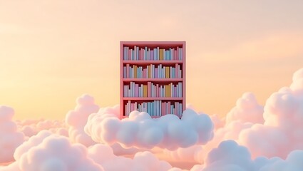 A pink bookshelf filled with pastel colored books floats on a cloud at sunset