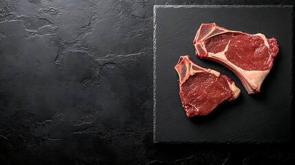Raw fresh lamb chops on black slate board. Top view with copy space