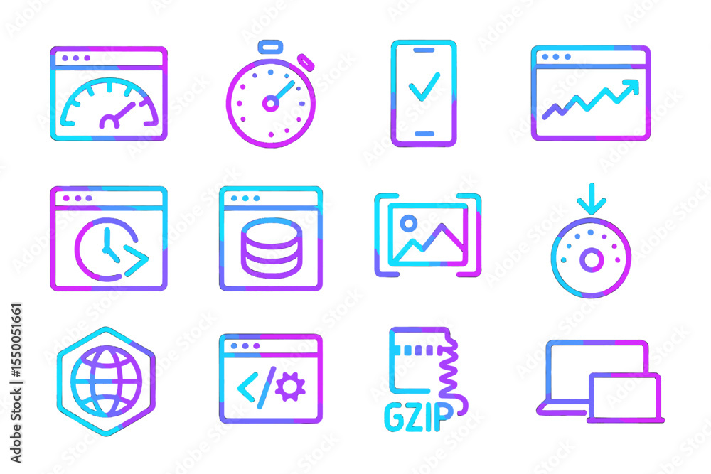 Poster neon icons for web and performance: speed, analytics, optimization