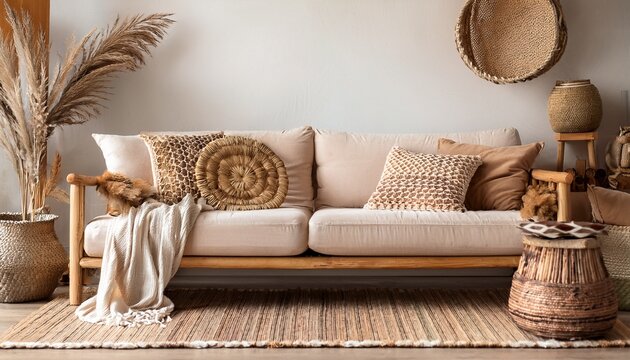 rustic boho living room with beige sofa and wooden furniture