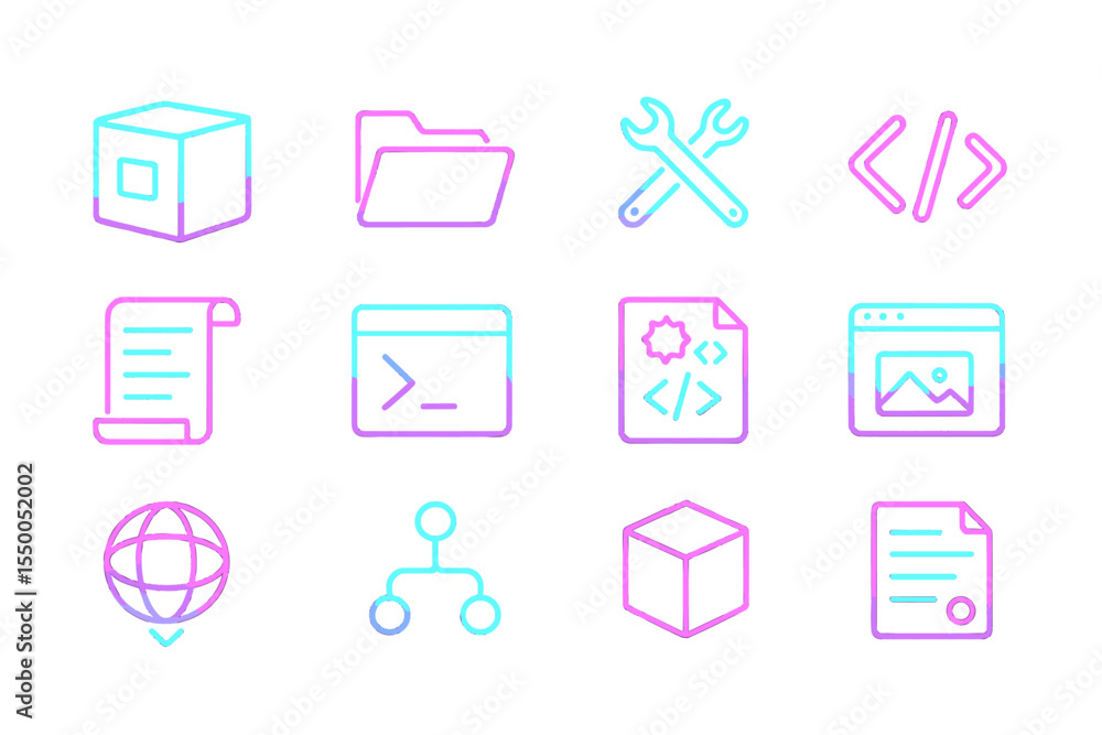 Poster neon icons set illustrating coding and technology themes in purple and blue