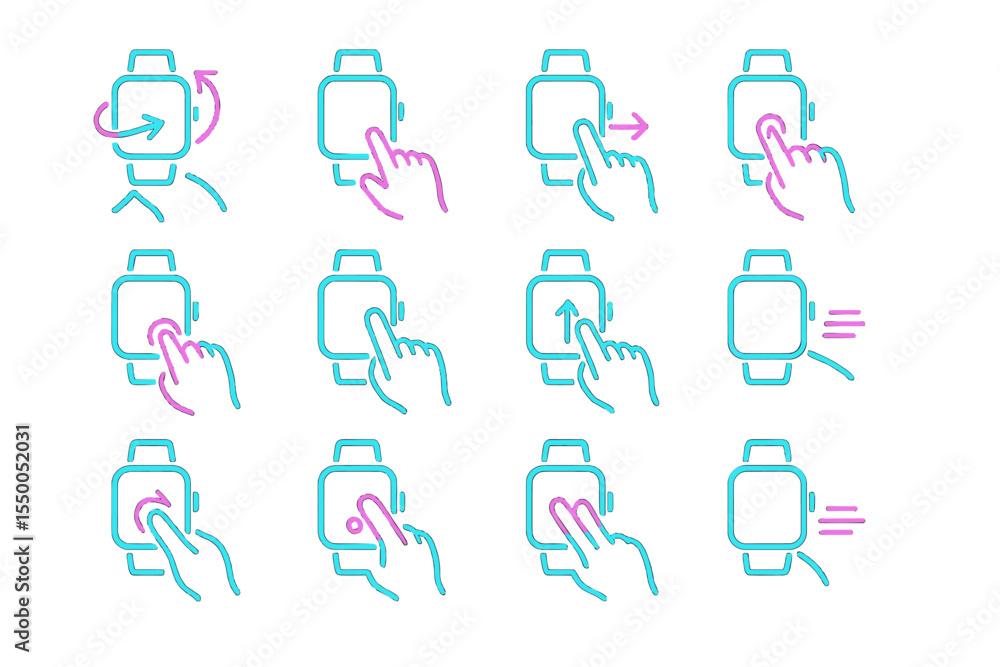 Poster neon icons illustrating various smartwatch gesture controls and interactions