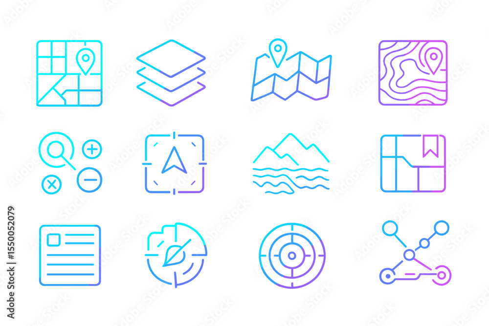 Poster neon navigation and map icons on dark background