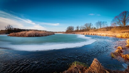 almost the end of march here in northern pa and the ice on the pond is nearly gone ice waves ice and grass at a small pond in early spring