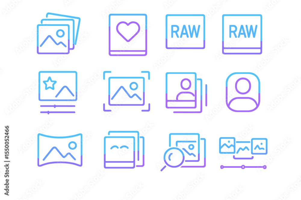 Poster neon icons of photo editing tools and features on gradient background