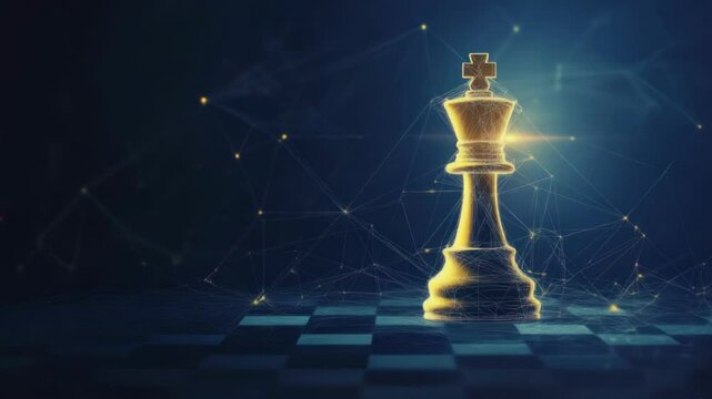 Golden king chess piece on a digital network chessboard