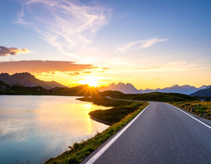 Fototapeta premium Lake and road at sunset
