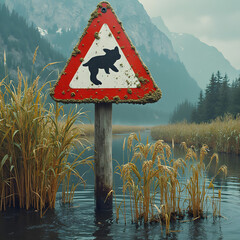 Flood zone warning sign made from seaweed and rice