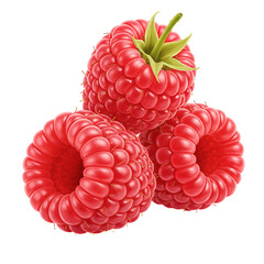 Three Red Raspberries Closeup isolated on a transparent background