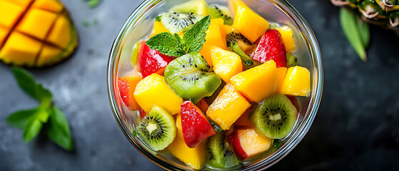 Colorful Fresh Fruit Salad in a Glass Bowl
