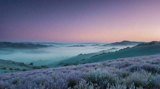 Serene rolling hills shrouded in mist under a soft purple dawn sky - Powered by Adobe
