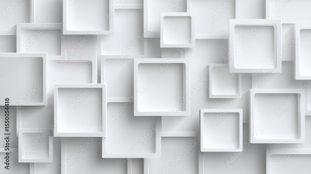 Poster a collection of white geometric frames varying in size is displayed on a light surface, creating a v