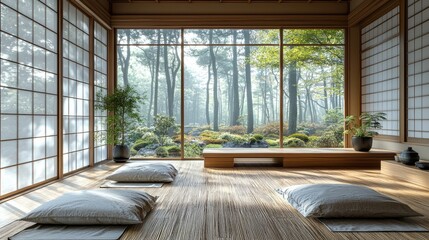 Tranquil japanese-style room with a view of a misty forest.