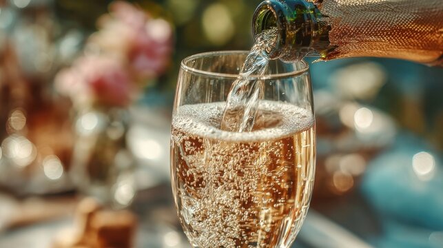 A bottle is pouring a sparkling drink into a glass filled with bubbles at a charming outdoor event. The warm sunlight enhances the joyful atmosphere of the gathering. - Powered by Adobe