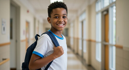 Smiling black student boy with uniform and backpack on his back in school hallway