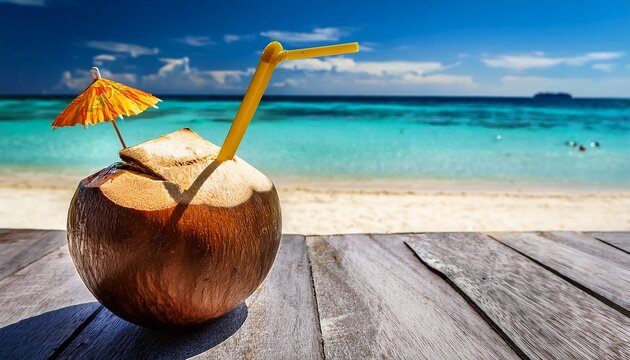 refreshing coconut drink on tropical beach summer vacation paradise