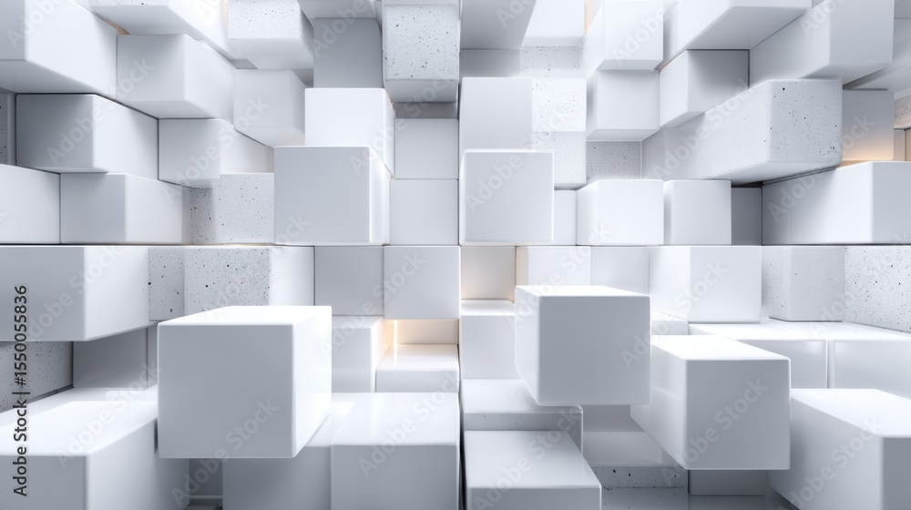 Poster cubes of varying sizes and shapes are arranged in an intriguing pattern, filling a well-lit area wit