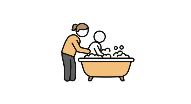 A mother and child during bath time. 