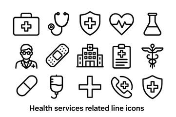 Health Services Line Icons Set: Medical, Hospital, Clinic, Pharmacy - Transparent Background PNG