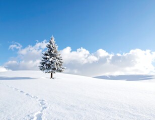 Lonely Snow Covered Tree on a Snowy Hilltop Under a  Blue Sky