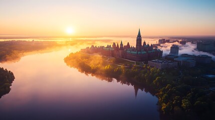 Naklejka premium High-resolution aerial image of Ottawa in early evening with golden light