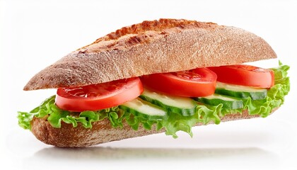 flying vege sandwich with lettuce and tomatos isolated on white