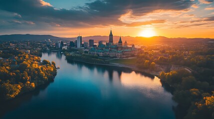 Naklejka premium Aerial shot of Ottawa's skyline against a mountainous backdrop