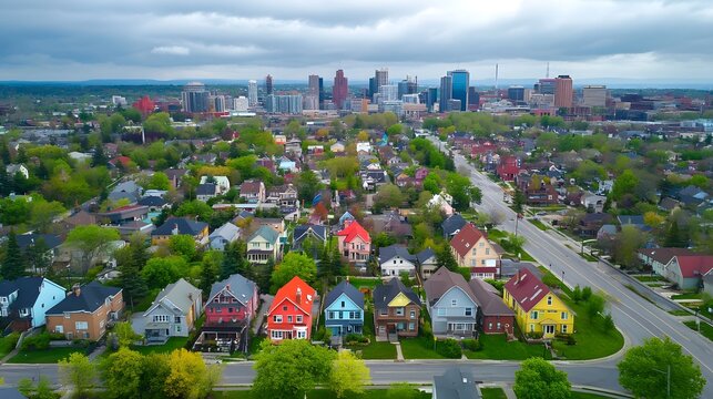 Fototapeta Drone perspective of Ottawa with colorful houses and downtown offices