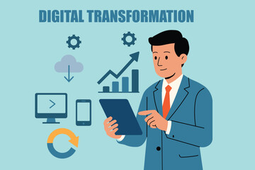 A confident businessman uses a tablet, surrounded by icons symbolizing digital transformation elements cloud, mobile, data analytics, and continuous improvement for business success.