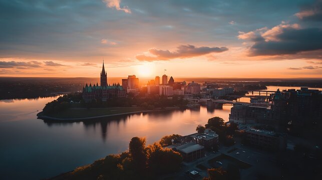 Aerial cityscape of Ottawa at sunset with warm tones reflecting off buildings
