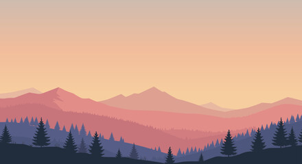 Fototapeta premium Vector illustration of tranquil mountain landscape with pine forest at dawn in soft colors