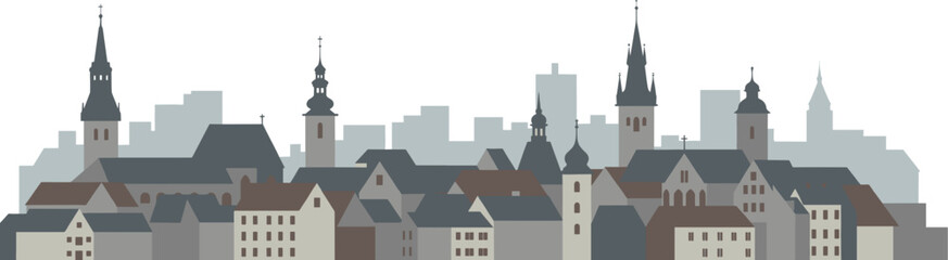 Fototapeta premium Vector illustration of historic city skyline with churches and towers on transparent background